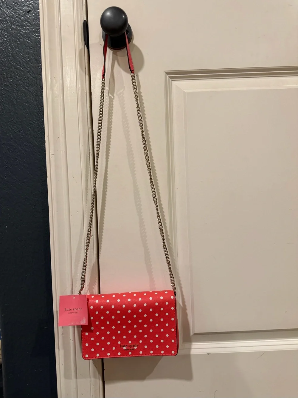 Kate Spade Hot Pink Polka Dot Saffiano Leather Crossbody with Gold Chain